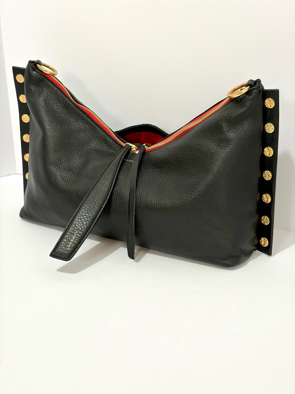 HAMMITT Mr G. Shoulder Bag In Black Leather/Brushed Gold Hammered Rivets/Red Zip - Picture 7 of 15